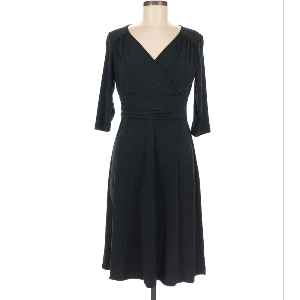 Classic Navy Wrap Dress 3/4 Sleeves, Midi V-neck Fit And Flare